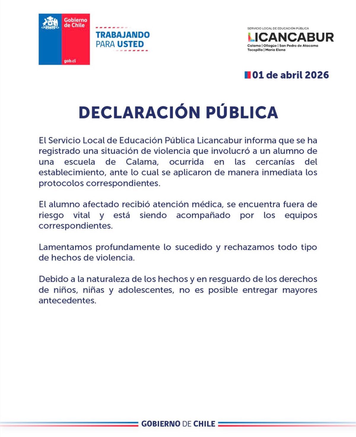Declaración oficial del SLEP Licancabur sobre el incidente en la Escuela D-54