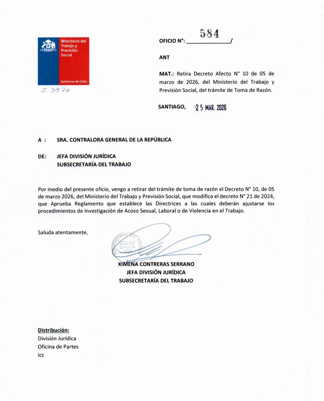 Oficio N°584 de la Subsecretaría del Trabajo que retira el Decreto N°10 de la toma de razón de Contraloría